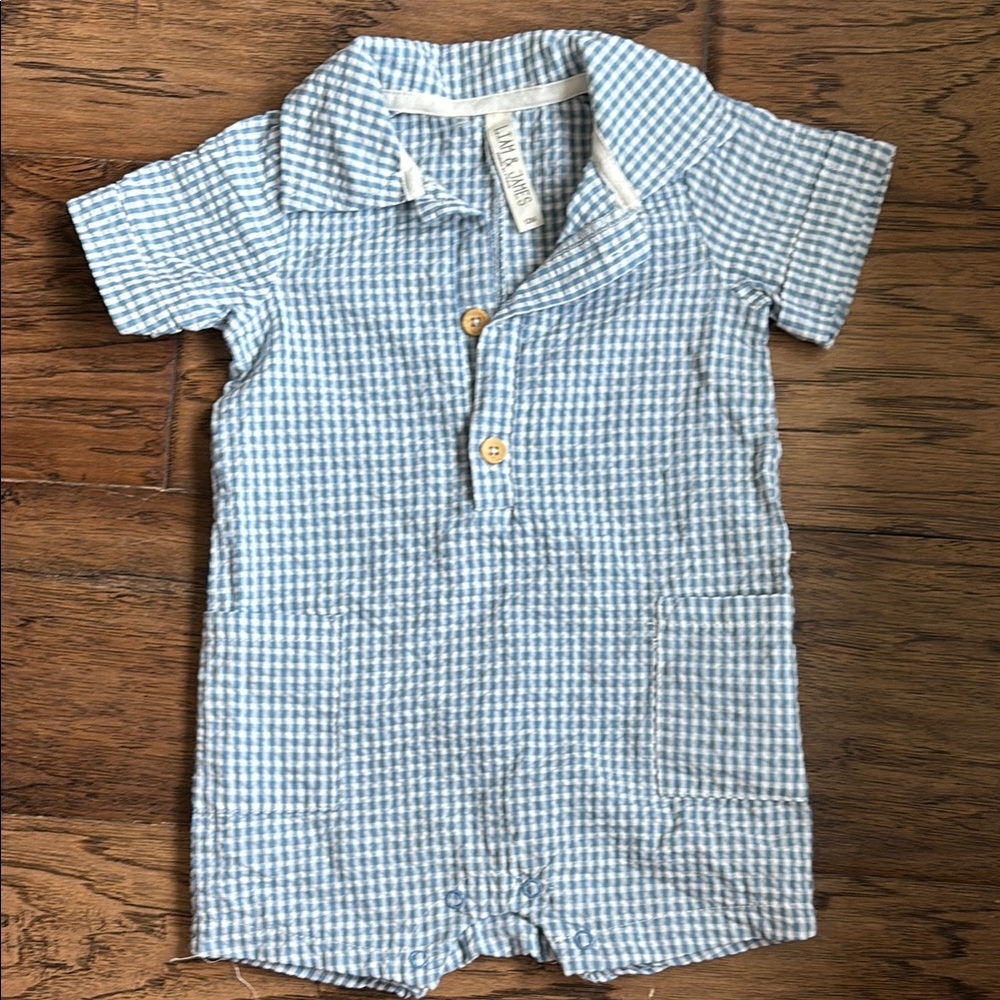Blue and White Gingham Baby Romper